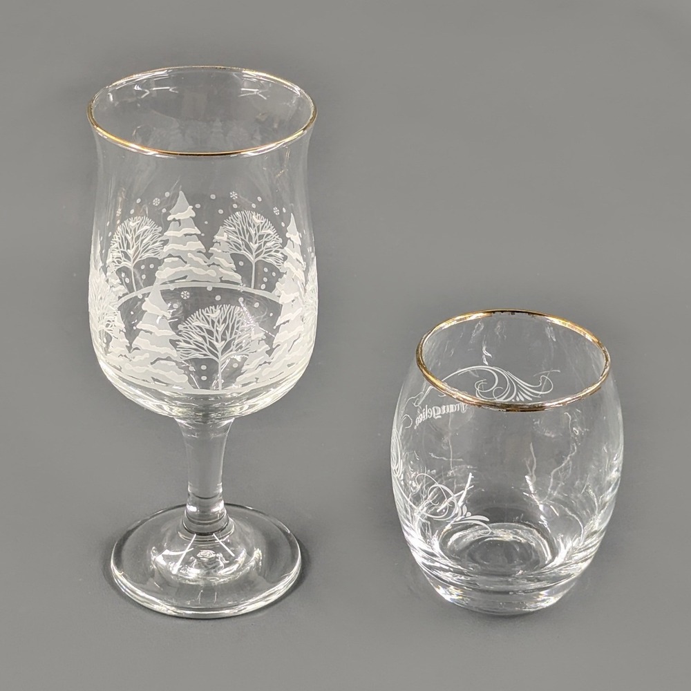 Frangelico Liqueur Glass Set Winter Forest Goblet and Rocks Glass Gold Rim